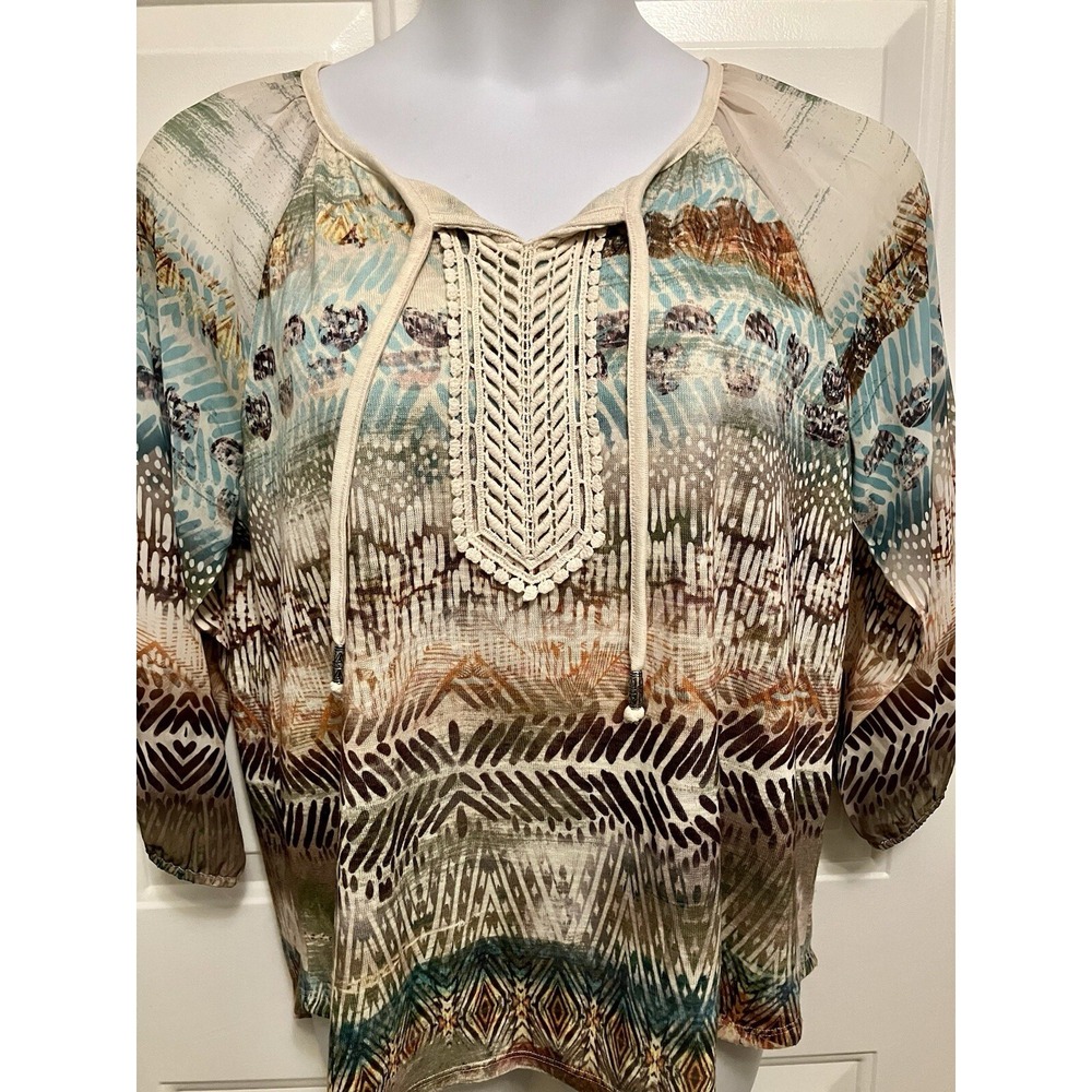 Chico's Women's Sz 2 Large Shirt Art to Wear Boho Brown‎ Tan Peasant Top Blouse - Picture 2 of 5
